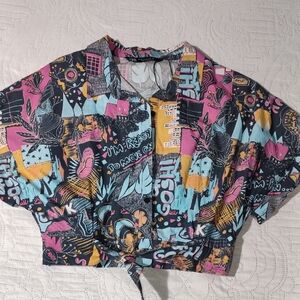 Zara Teal, Pink & Yellow Graphic Tie-Front Crop Top